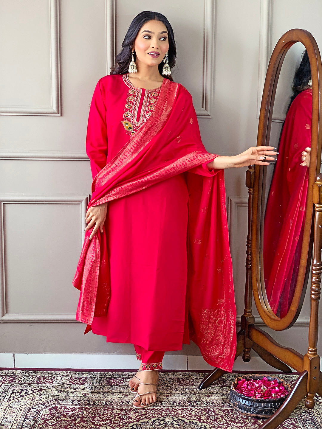 Beautiful Pink Viscose Chanderi Kurta Set with Bottom Wear and Dupatta