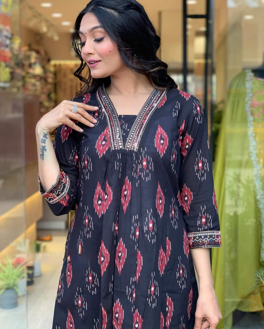 Black Cotton Faired Kurta Set with Bottom Wear and Dupatta set