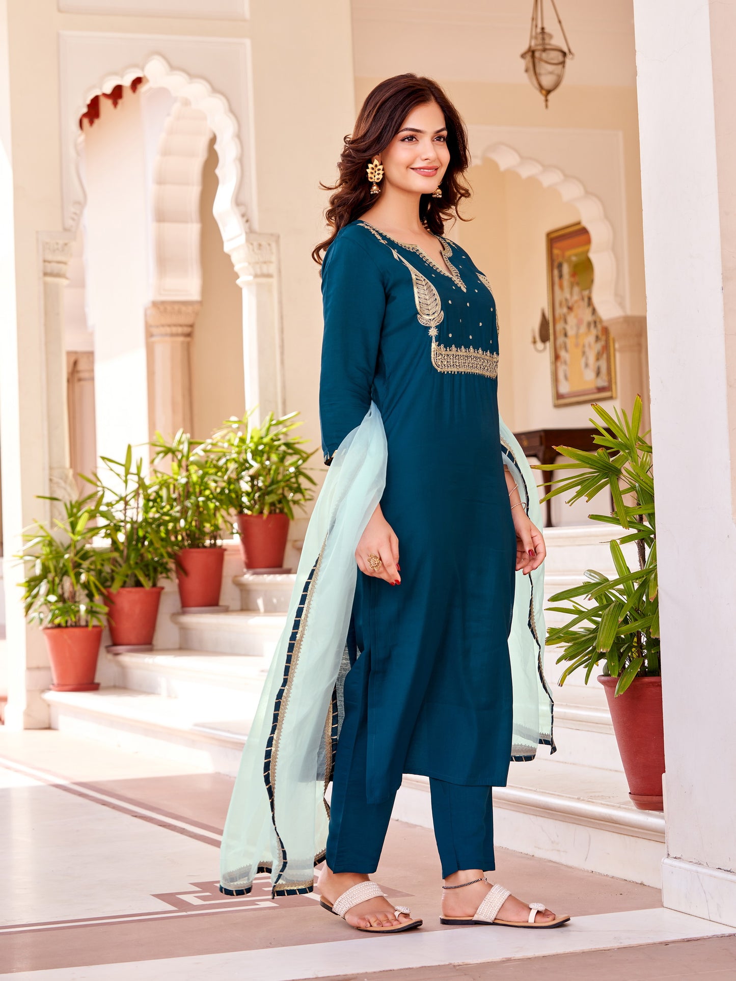 Women's Beautiful Petrol Colour Kurta With Pant And  Dupatta