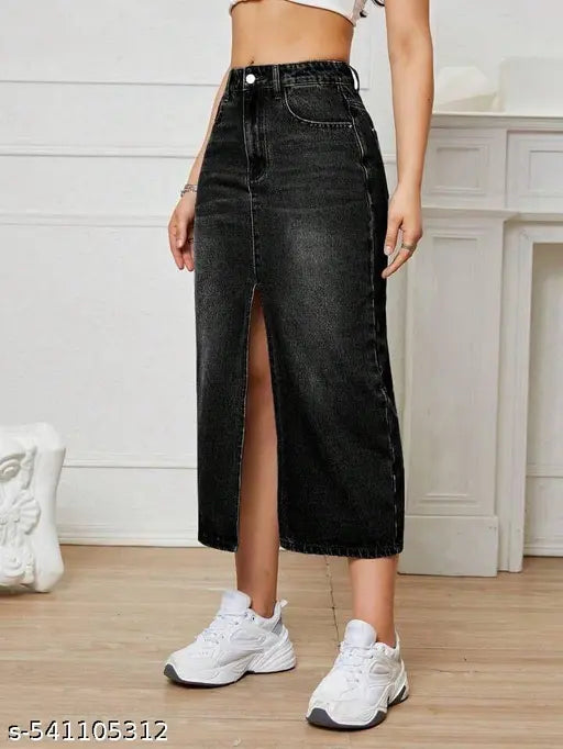 H&H Premium dark  BLACK Whisker Midi DENIM Skirt