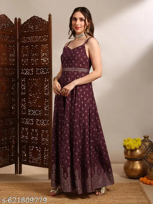 Globus Women Ethnic & Gold Foil Print Sweetheart Neck Shoulder Strap Fit and Flare Maxi Dress