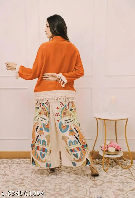 Rutaba Premium Rayon A-Cut Top With Lace Work & Digital Print Plazo Set | 5 Colour Branded Co-Ord Set for Women | Top & Plazo