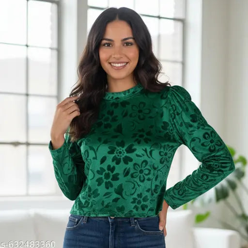 (24) "FOREST CHARM" Velvet Embossed Floral Top , top wear
