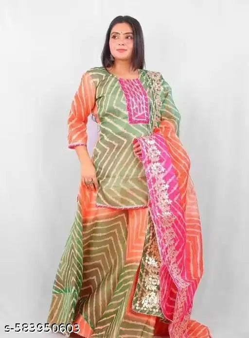Bandhani Flared Kurta Lehanga Set in Green, Peach & Pink with Embroidered Net Dupatta