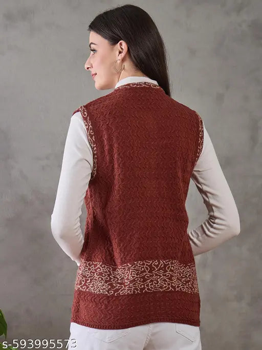 Clapton Women's Knited Sleeveless Sweater, Wool Blend, Floral Embroidered Button Front Design, Casual Winter brown