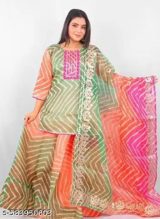 Bandhani Flared Kurta Lehanga Set in Green, Peach & Pink with Embroidered Net Dupatta