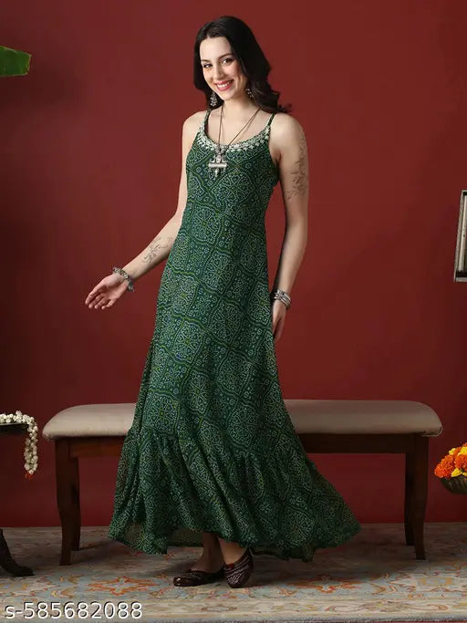 Globus Women Green Embroidered Round Neck Stylised Tie Back Detail Bandhani Georgette Fit & Flare Festive Maxi Dress