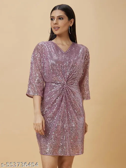 Globus Women Pink Embellished V-Neck Midi Bodycon Dress with Twist Waist Detail