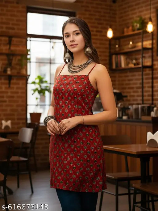 Anni Designer Women's Rayon Viscose Red Sleeveless Kurti with Beautiful Floral Printed Work, Elegant Ethnic Top for Festive, Casual & Daily Wear, Stylish Designer Kurta for Women and Girls