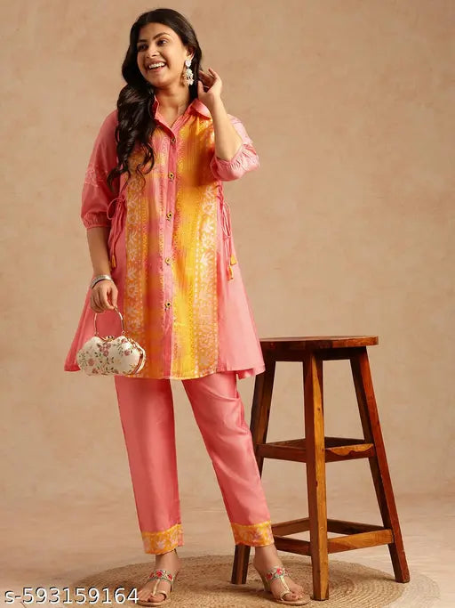 Vbuyz Women'S Pink Batik Print A-Line Chanderi Stiched Kurta With Pant