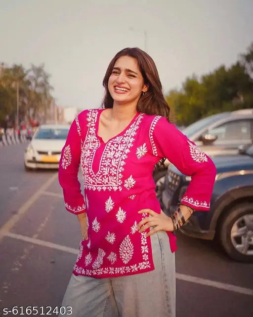 Anni Designer Women's Rayon Viscose Pink 3/4 Sleeve Kurti with Beautiful Embroidery Work, Elegant Ethnic Top for Festive, Casual & Daily Wear, Stylish Designer Kurta for Women and Girls