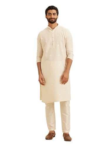 Manyavar Men's Linen Blend Thread Embroidered Casual Kurta Pajama Set (Cream,M)