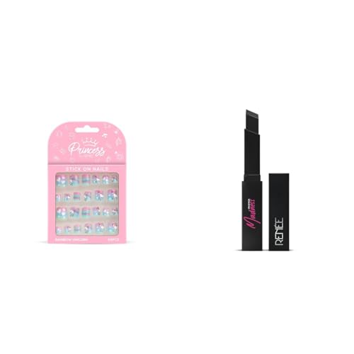 RENEE Princess Stick-On Nails Rainbow Unicorn 24pcs | Reusable, Lightweight, Long-Lasting | & RENEE Madness PH Lipstick Black, Glossy Pink Payoff, Vitamin E & Jojoba, Vegan, 3g