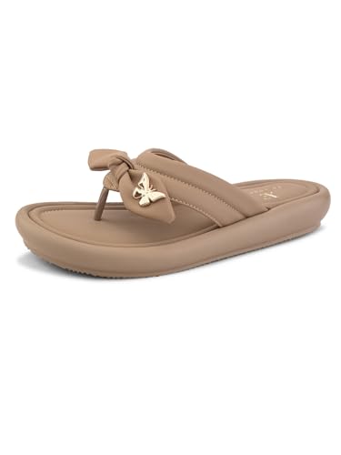 XE Looks Women’s Taupe Slip-On Comfort Sandals | Stylish Bow Knot Detailing with Cushioned Footbed | Casual for Girls & Women