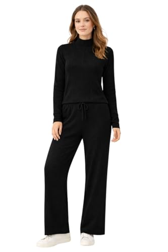 CAMEY Women’s Woolen Lounge Wear Set | Full Sleeve High Neck Top with Wide Leg Pants | Soft Warm Winter Co-Ord Set for Home & Casual Wear (Black, Free Size)