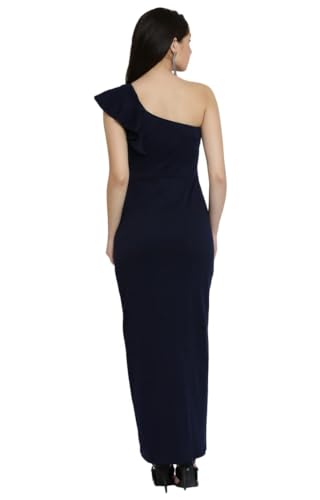 Miss Chase Women's Designer Navy Blue Solid Slitted One Shoulder Ruffled Maxi Dress with Zip Closure (MCAW17D10-37-71-04, Navy Blue, Medium)