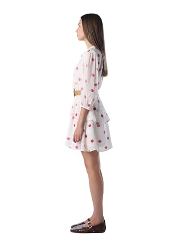 ONLY Women's Polka Dots Fit and Flare White Dress with Belt