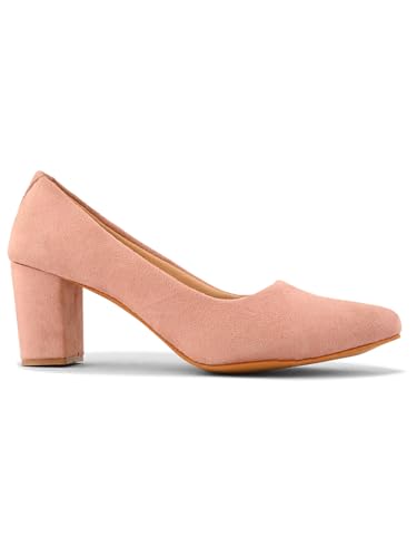 XE Looks Pink Cream Pumps | Chic Suede Finish | Comfortable & Trendy Block Heel For Girls & Womens