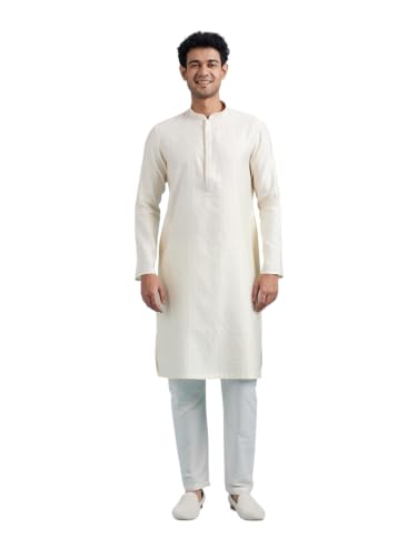 DIWAS BY MANYAVAR Men's Viscose Blend Self Design Long Kurta Pyjama Set (Cream,L)