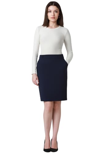 Women Navy Solid Formal Knee Length Skirt