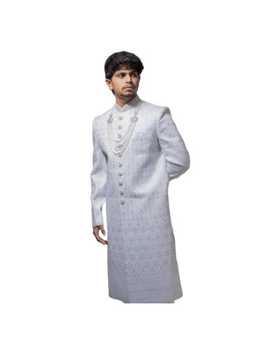 A LOYAL Light Blue Embellished Sherwani with Pearl Necklace ethnic wears Sherwani Set Full Sleaves, Straight, Regular Fit (XL)