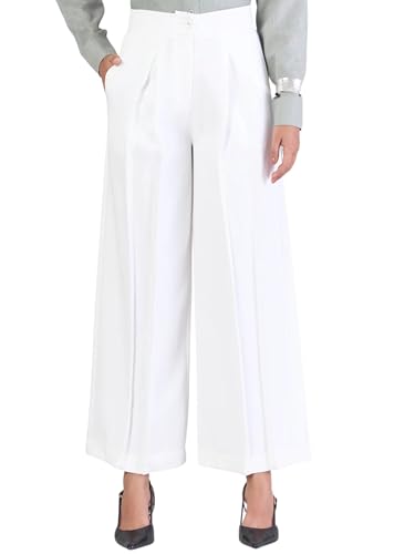 Powersutra Women High Rise White Trouser Pants | Solid | Formal Office Wear | High Waist | Pleated | Straight Fit | Side Pockets, Medium