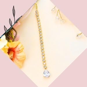 Tanaira Rhodium-Plated Maang Tikka for Women & Girls | Crystal Hair Accessory | American Diamond (AD) Studded Bridal Wedding Jewelry,Trending Style (Gold)