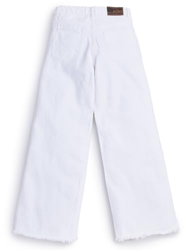 Knit N Knot Girl's Kids Premium White Wide Leg Flared Fit Relaxed Loose Torn Ruptured High Waist Frayed Bottom Jeans | Regular Casual Festival Occassional Wear | Non Stretch | Adjustable Waist
