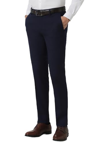 Peter England Men Navy Check Slim Fit Formal Trousers