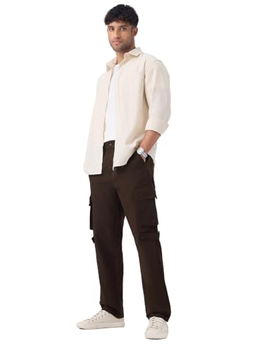 The Souled Store Textured Cargo Pants: Cocoa Men and Boys Solid Cotton-Spandex Durable Multi-Pocket Everyday Streetwear Straight Fit Cargo Pants