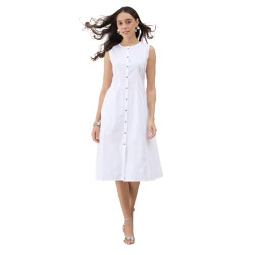 GulaboSitabo Women’s Halter Neck Pure Cotton Sleeveless Knee Length Dress for Women with Button Closure & Belt | Organic Cotton Ready to Wear Casual Party Outfit White