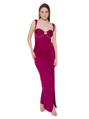Tomber Amoureux Women’s XS Slim Maxi | Magenta Nylon Lycra Fabric | V-Neck | Solid Sleeveless Design