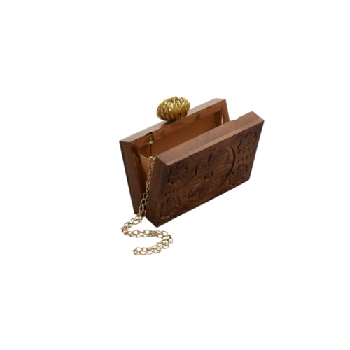 FITTINGO Wooden Clutch Purse for Women 11.5 x 5.5 x 19 cm | Rectangular Handcrafted Wooden Purse Bag with Chain | Stylish Hard Wood Clutch for Party Wedding Casual Use Premium Wooden Handbag- Model 3