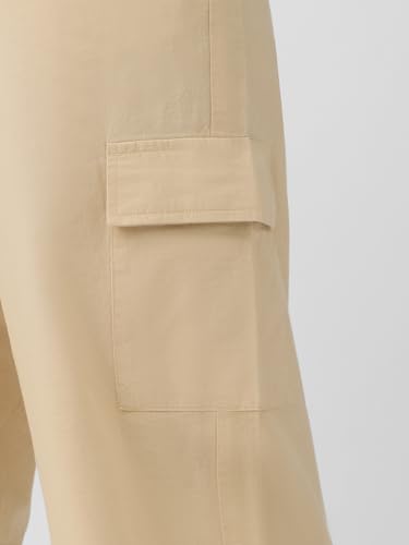 The Souled Store Cotton Linen Pants: Rich Cream Women Buttoned Waistband Solid Lightweight Utility Straight Fit Cargo Pants