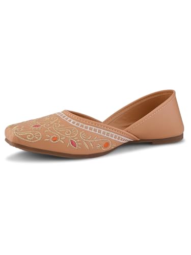 XE Looks Women’s Embroidered Ethnic Juttis with Intricate Threadwork Design | Soft Cushioned Insole | Lightweight Slip-On Traditional Flats for Girls & Women Beige