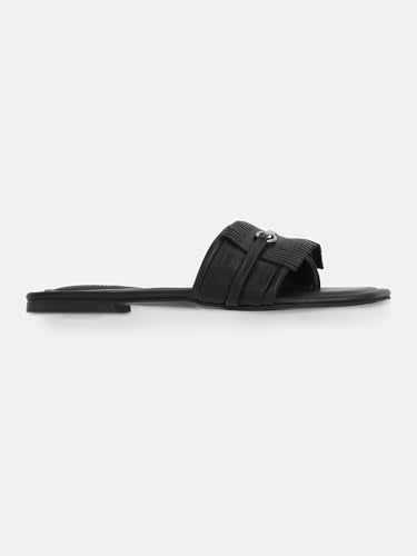 Kenneth Cole Women's Flat Slide Sandal | Premium Synthetic Upper | Ladies Open-Toe Slip-On, Cushioned Footbed | Distinctively Sculpted Vamp Strap, Gleaming Metallic Accent | Sophisticated, Effortless Contemporary Chic & Lasting Comfort | Black, EU37