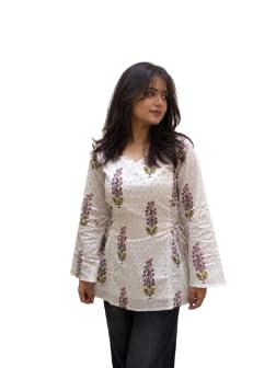 Kurvee Women Floral Print Cotton Kurti | Corset Style | Side Tie-Up Design | Straight Fit | Lightweight Breathable Fabric | Ethnic Kurta for Women | Comfortable Stylish Tunic Top | White, XL |