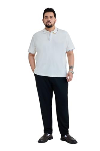 SNITCH Men Plus Size Polo T-Shirt | Geometric Patterned Placket & Contrast Tipping | Cotton Lycra Blend Stretchable Half Sleeve Polo for Casual & College Wear Off-White