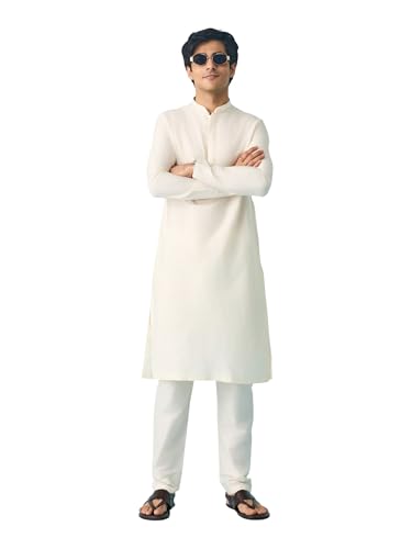 DIWAS BY MANYAVAR Men's Blended Viscose Self Design Festive Kurta Set (2pc) (Cream, L)