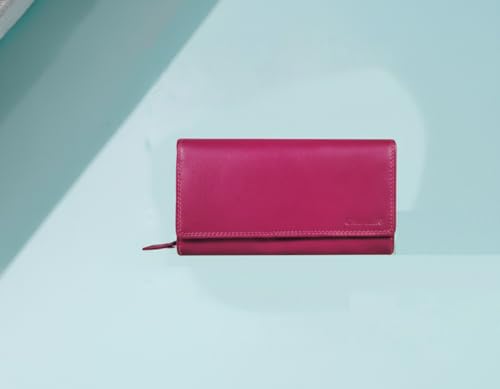Calfnero Women's Genuine Leather Wallet-Long Purse Wallet with Multiple Card Slots, Zip Pocket and Note Compartment (Pink)