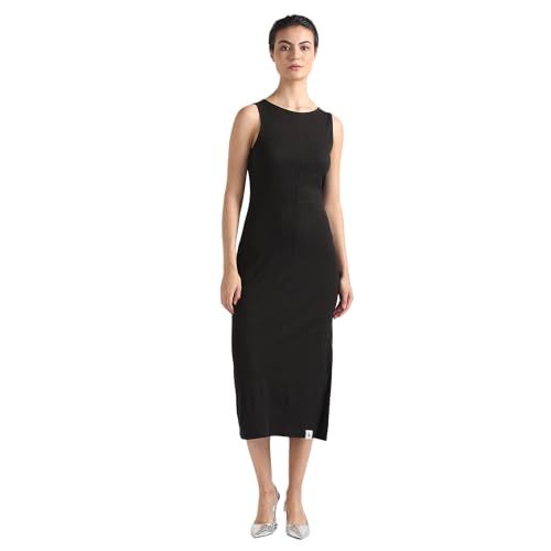 Calvin Klein Cotton Black Solid Round Neck Sleeveless Women Seaming Rib Dress (M)