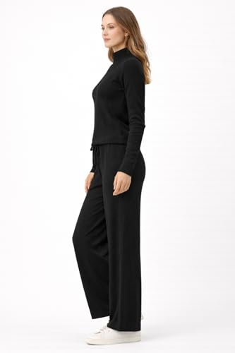 CAMEY Women’s Woolen Lounge Wear Set | Full Sleeve High Neck Top with Wide Leg Pants | Soft Warm Winter Co-Ord Set for Home & Casual Wear (Black, Free Size)
