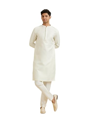 Manyavar Men's Art Silk Textured | Neck Embroidered Kurta Pyjama Set(Warm White,XL)