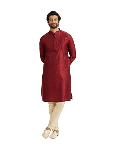 Manyavar Men's Viscose Blend Embroidery Stone Work Kurta Set (Maroon,XXL)