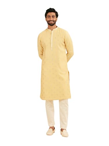 Manyavar Men's Cotton Blend Self Design Festive Kurta Set (Yellow,S)