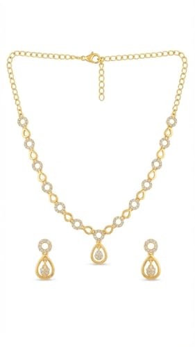 Brado Jewellery Gold Plated Brass Leaf Design American Diamond White Ad Necklace & Earrings Set for Women and Girls | Adjustable Neck Chain Trendy Contemporary Anti Tarnish Western Choker | Party, Wedding and Anniversary (White)