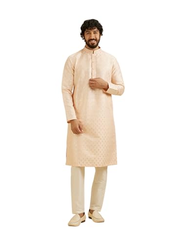 Manyavar Men's Art Silk Embroidered & Sequined Kurta Set (Peach,XXL)