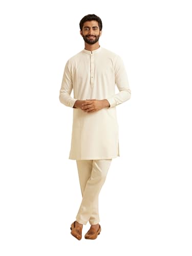 Manyavar Men's Cotton Solid Kurta Set (Cream,S)
