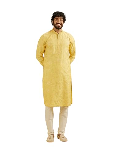 Manyavar Men's Viscose Blend Embroidery Kurta Set (Yellow,XL)
