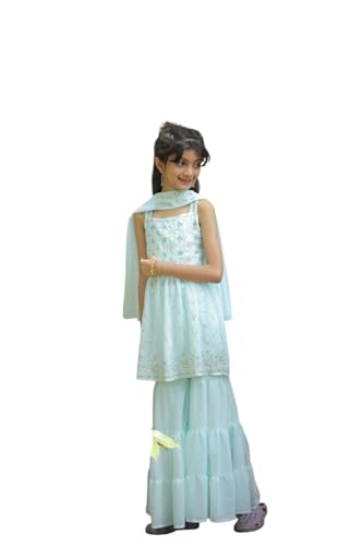 2STORY Kids Sharara Set for Girls with Kurti & Dupatta Traditional Ethnic Wear for Weddings, Festivals & Parties Comfortable Fabric Stylish Indian Outfit for Girls Pista Colour (Size 6-7 Years)
